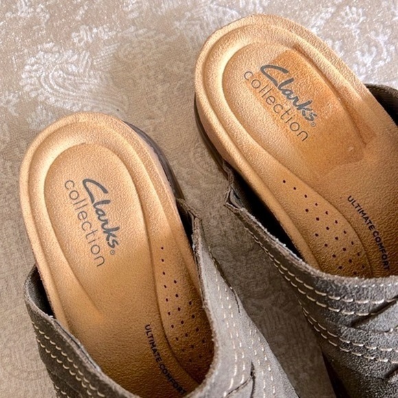 Brand New Clarks Genuine Suede Slip On Clogs Dark Olive Brynn Comfort Slide Mule - Picture 6 of 16